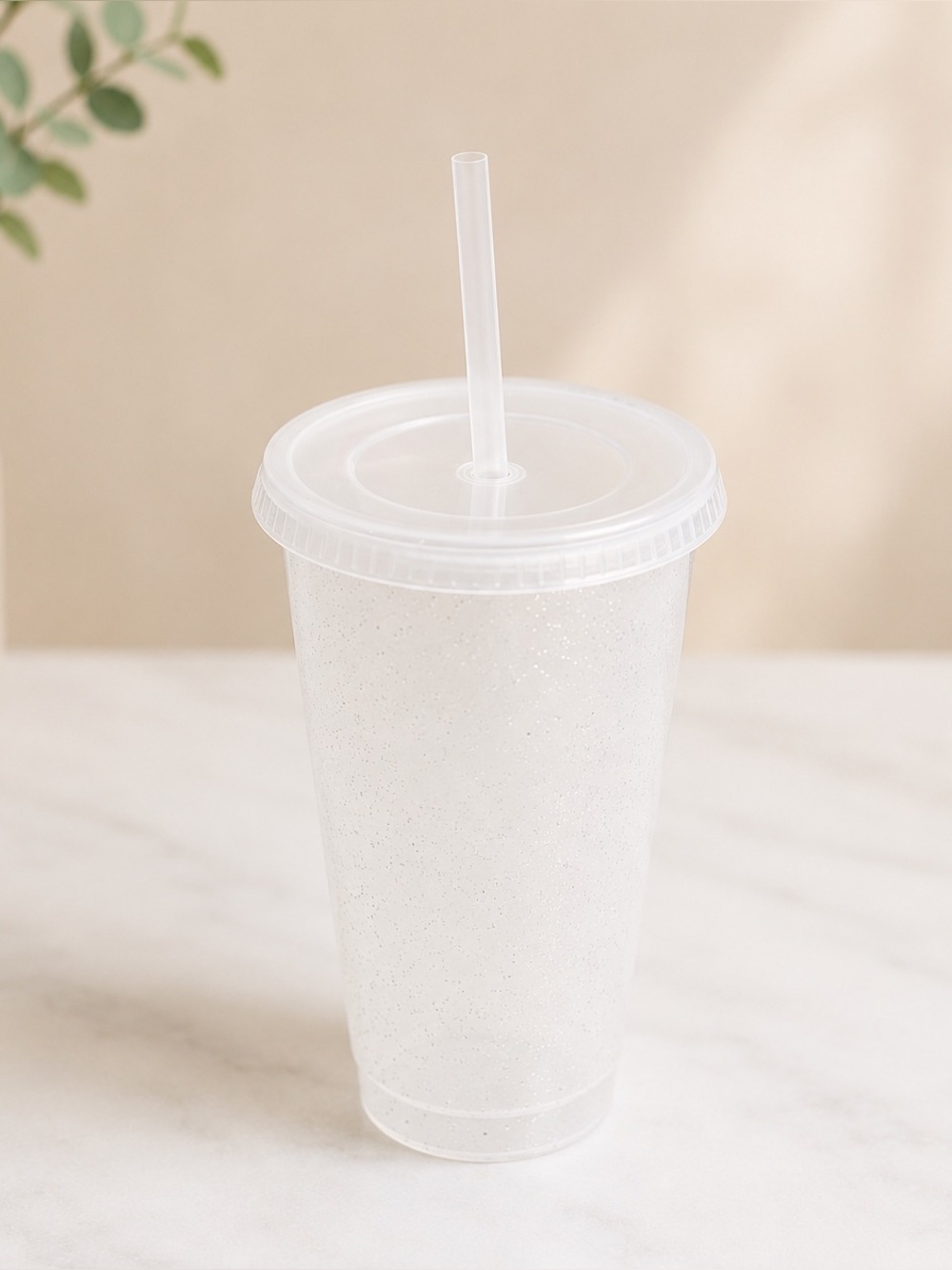 Glittery White Reusable Tumbler with Straw & Lid
